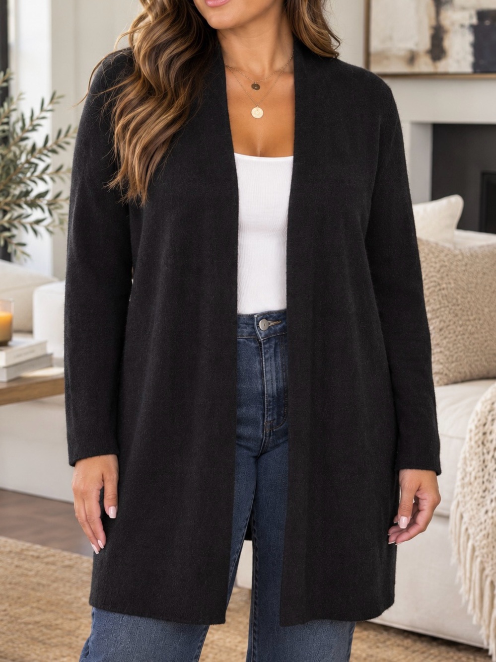 Charter Club Luxury 100% Cashmere Long Open Front Cardigan Black Size Large
